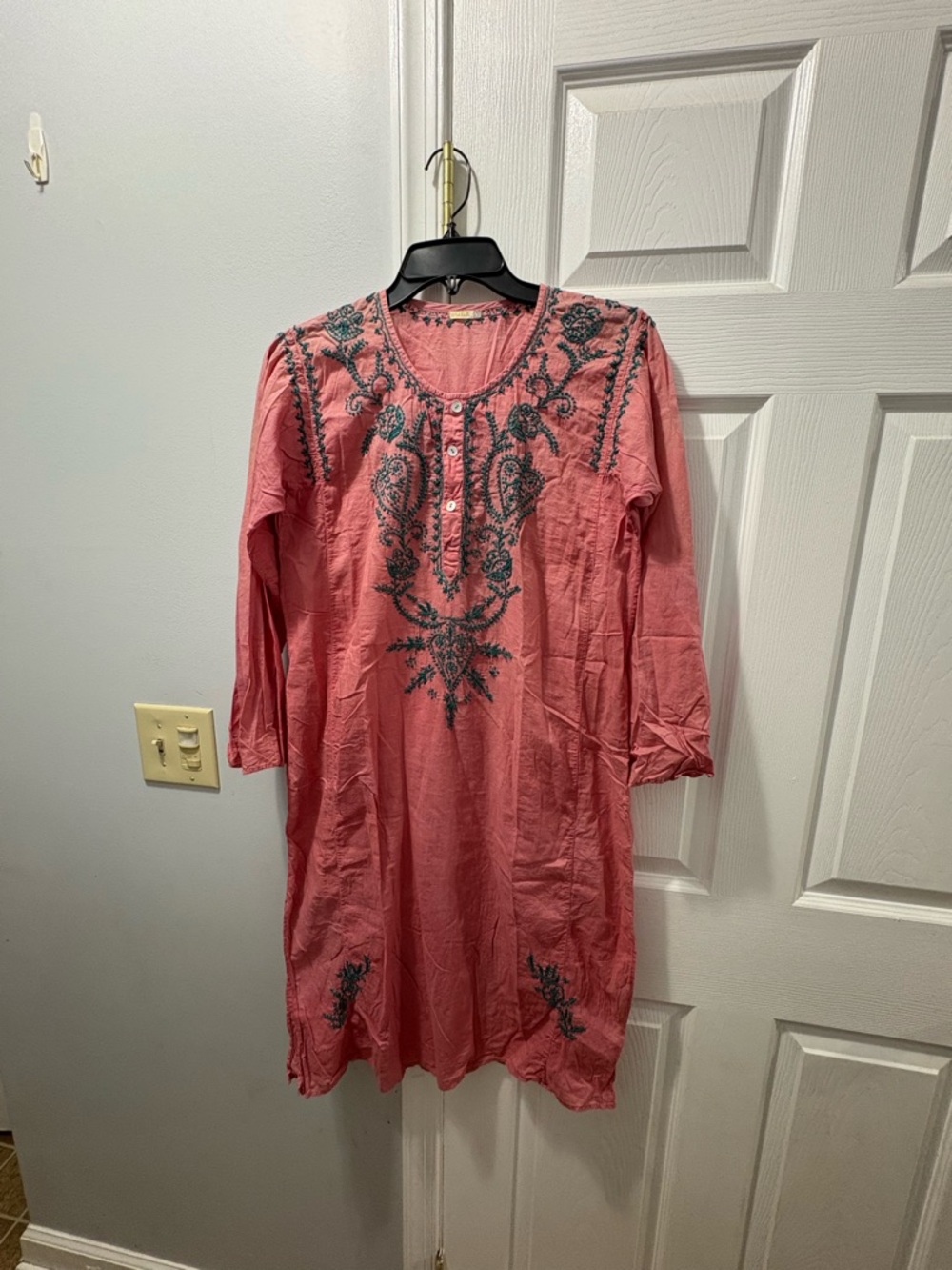 Matta Rose Pink Cotton Tunic With Teal Embroidery Size Medium- DISCOLORATION